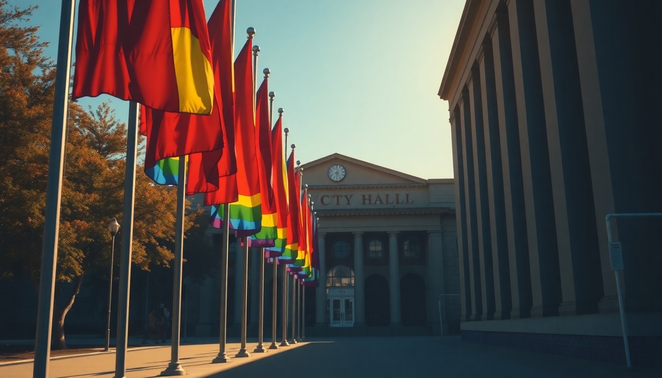 A serene, realistic painting depicting the rainbow-colored flag poles in front of Boise City Hall, with the building's facade visible in the background and warm sunlight casting long shadows across the scene, conveying a sense of civic pride and community resilience.