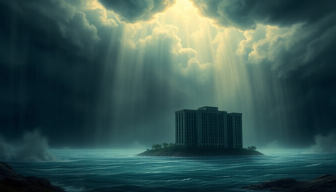 A vast, atmospheric landscape painting depicting a heavy rainstorm, with the flooded Atlantis Condominiums in the distance dwarfed by the overwhelming power of nature.