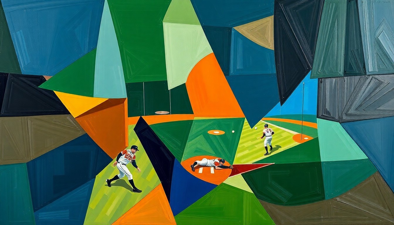 A fragmented, geometric painting depicting the dynamic movements and competing perspectives of a softball game, rendered in a bold color palette.