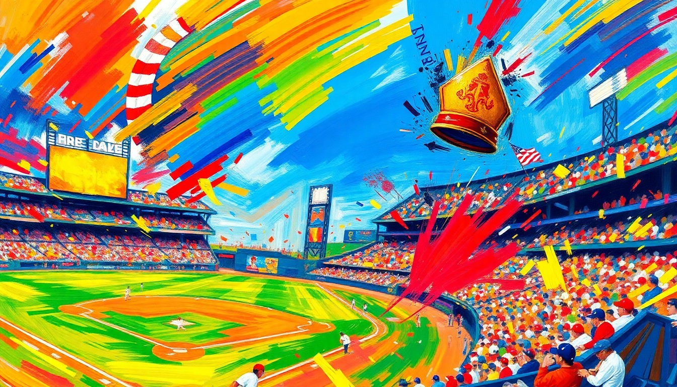 An abstract, expressionist painting in neon colors depicting the iconic miter hat of Pope Leo XIV floating above a baseball field, capturing the excitement and energy of the sport.