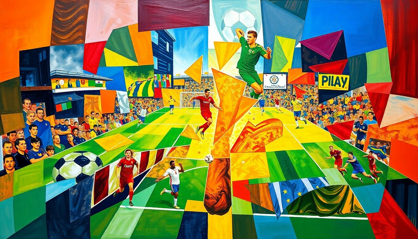 A cubist, geometric painting depicting a chaotic soccer match, with overlapping planes of bright colors representing the teams in motion.