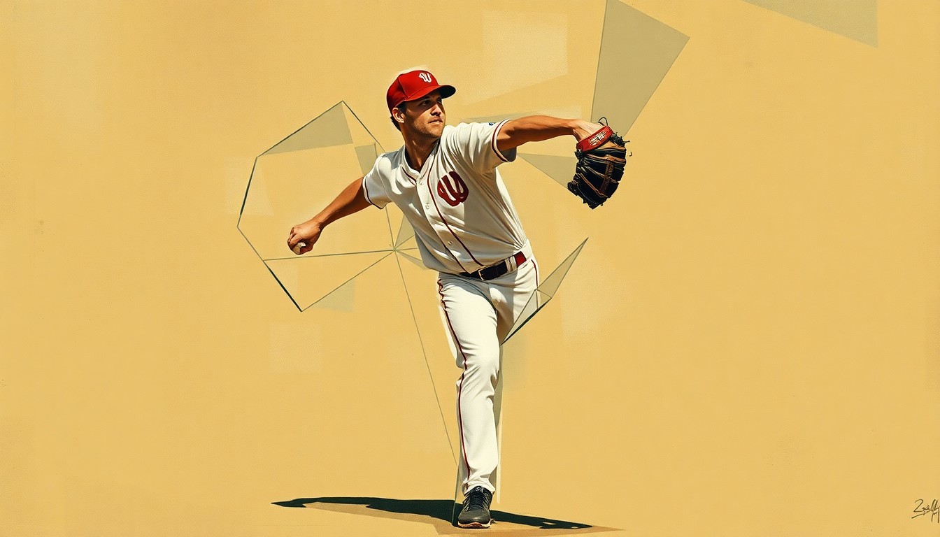A cubist, geometric painting depicting a baseball pitcher's motion broken down into overlapping planes of muted earth tones, conveying the fragmented nature of Sean Manaea's role on the Mets' pitching staff.
