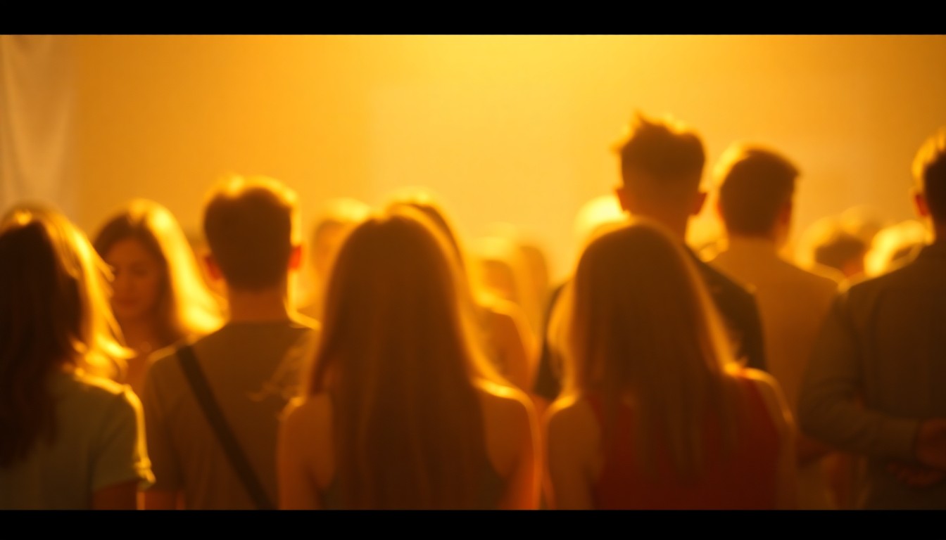 A softly blurred, abstract photograph in warm, golden tones depicting a group of young adults gathered together, their faces obscured but their body language and posture conveying a sense of connection, community, and spiritual reflection.