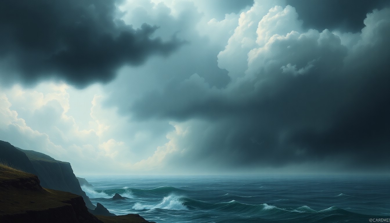 A sweeping, atmospheric landscape painting in muted tones of gray, blue, and green, with a turbulent, stormy sky dominating the scene and obscuring any visible structures or human presence, conveying the overwhelming power of the natural elements.