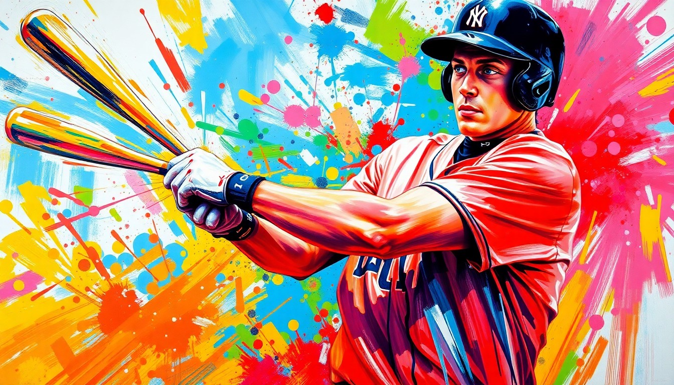 An abstract, expressionist painting in vibrant neon colors depicting the explosive batting motion of a baseball player, with the player's features dissolving into energetic brushstrokes.