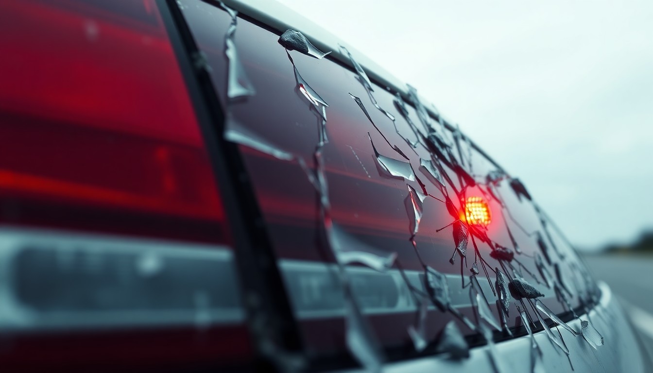 An extreme close-up photograph of a shattered car windshield reflecting a single red taillight, conceptually illustrating the aftermath of a high-speed crash.