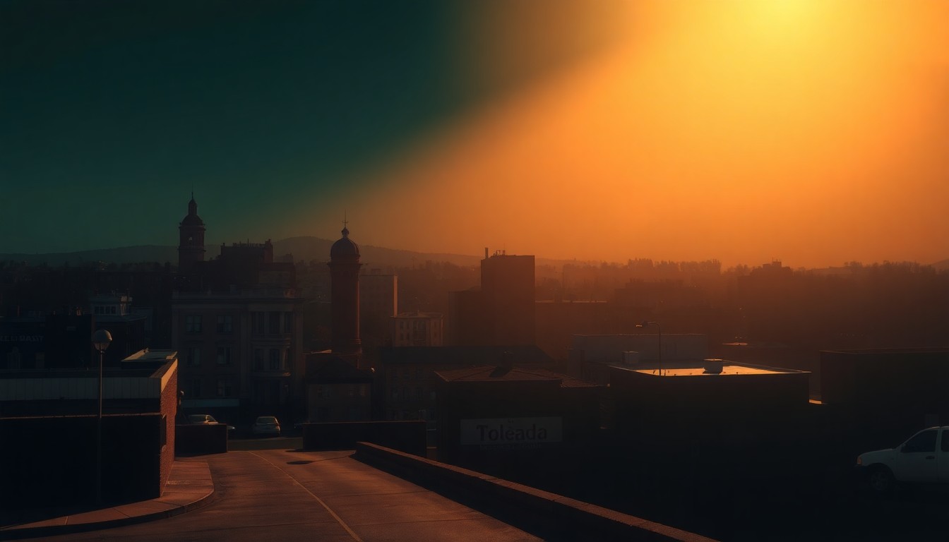 A serene, painterly image of Toledo's skyline with skyscrapers and industrial buildings bathed in warm, golden light, conveying a sense of urban nostalgia and quiet contemplation.