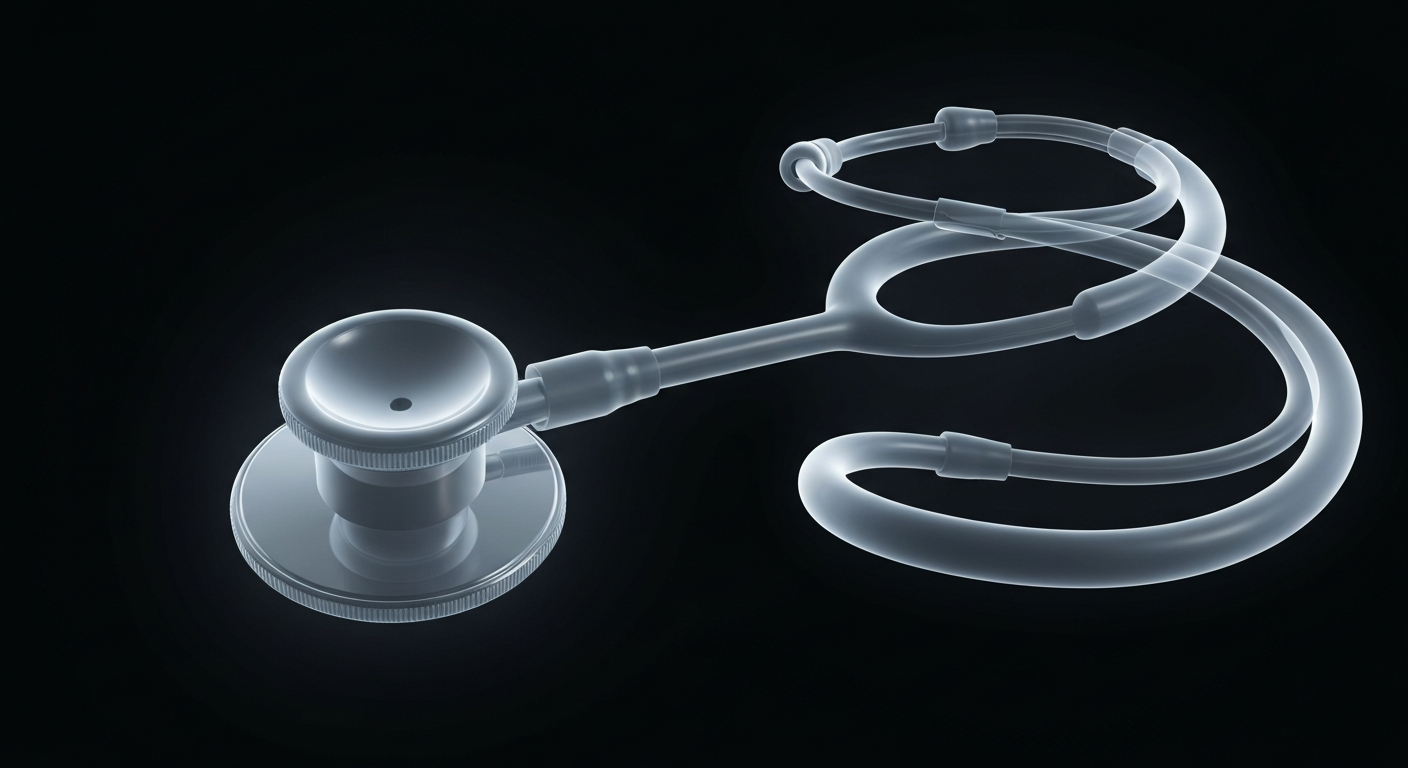 A ghostly, translucent X-ray image revealing the internal structure of a stethoscope, its components glowing against a dark background, conceptually representing the integration of healthcare systems.