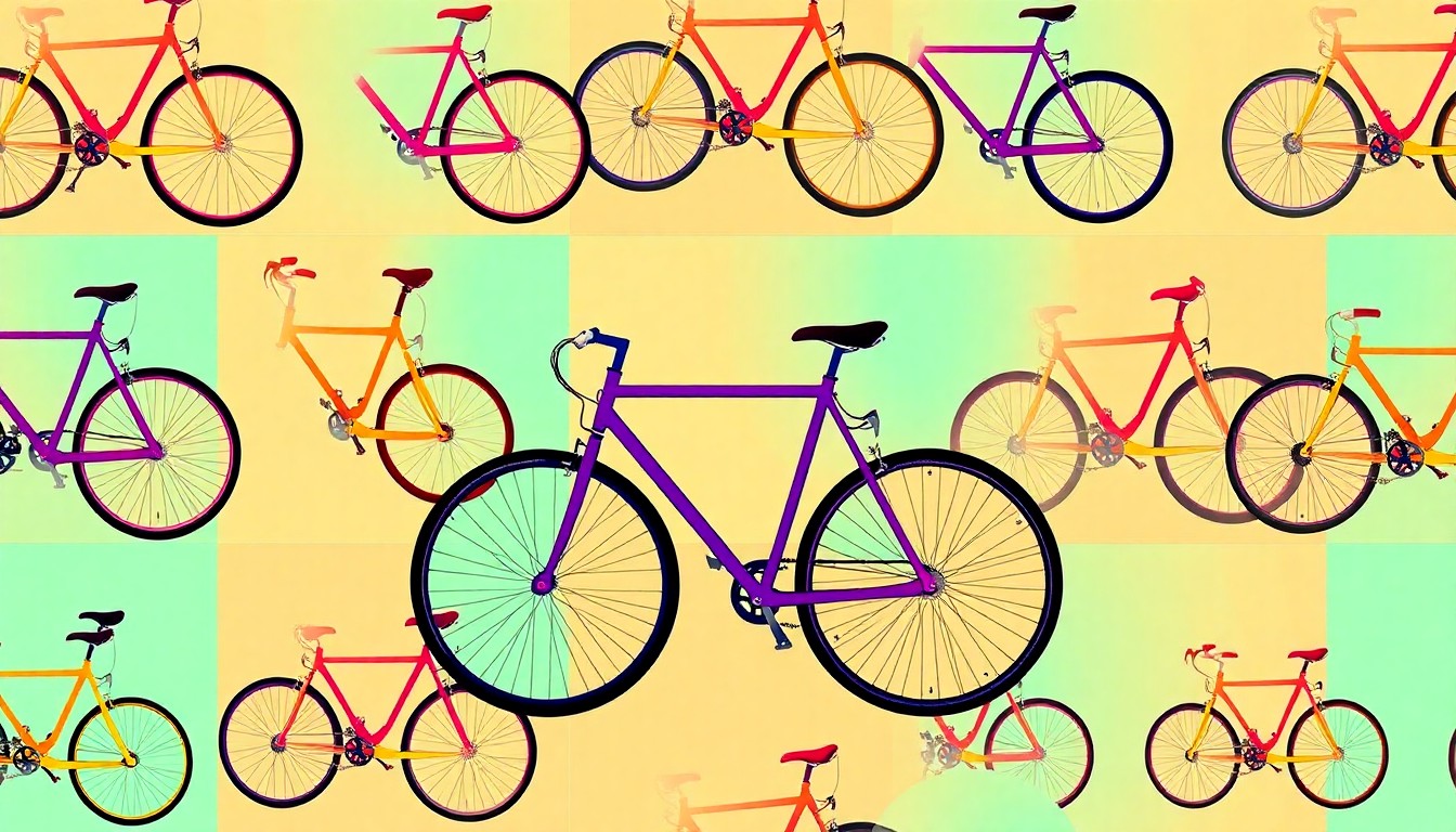 A vibrant, abstract silkscreen print featuring a repeated bicycle icon in neon shades of blue, pink, and yellow, conceptually representing the new trail system's focus on outdoor activities and connectivity.