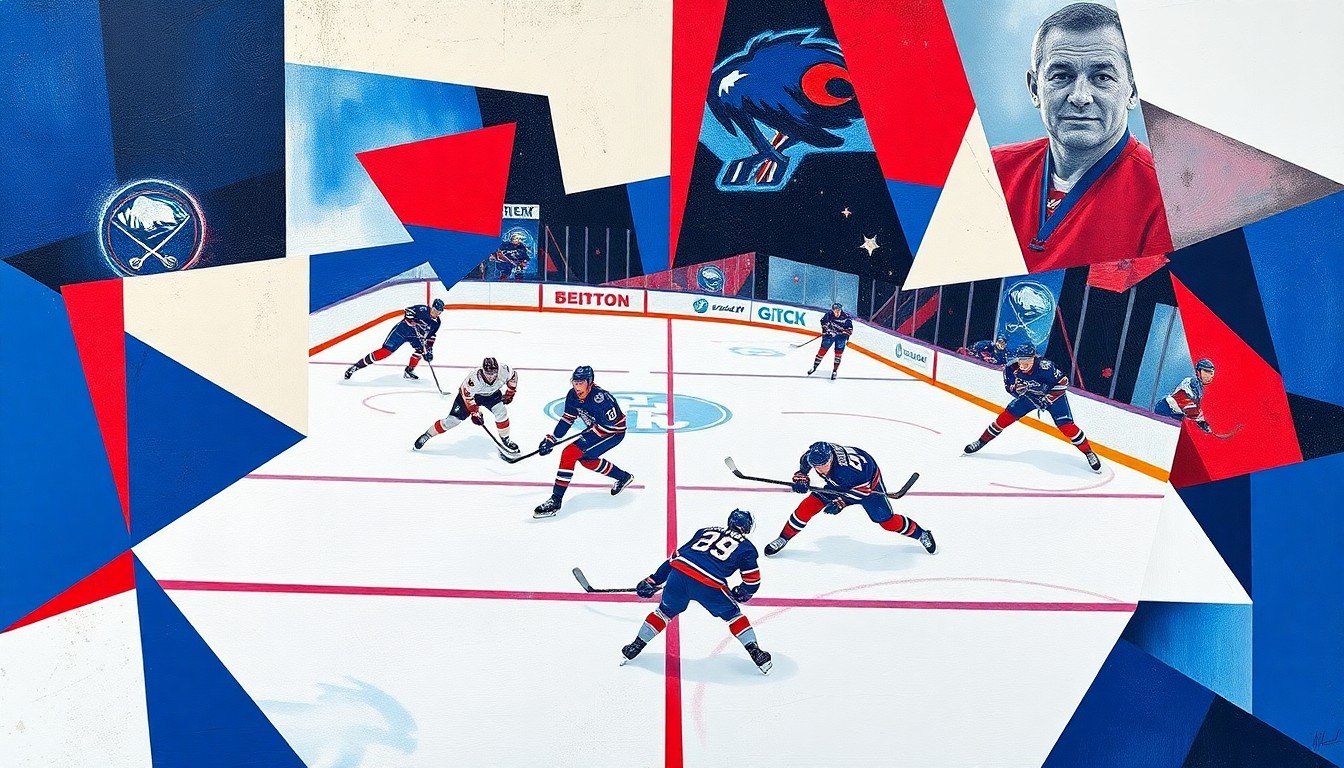 A cubist, geometric painting depicting a hockey game between the Buffalo Sabres and New York Rangers, with the players' movements and the action on the ice broken down into abstract shapes and forms in shades of blue and red.