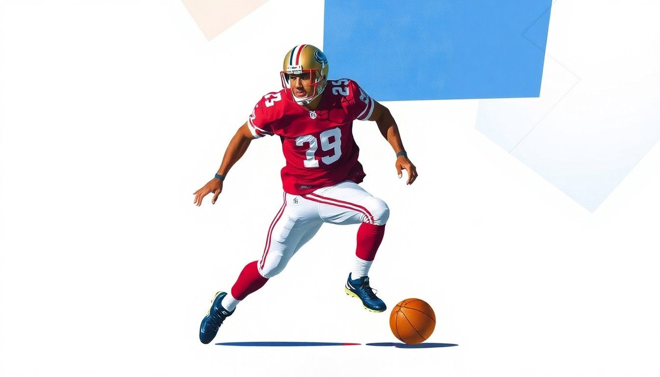 A fragmented, geometric painting depicting a football player in motion, with sharp planes of color representing the player's uniform and movement.