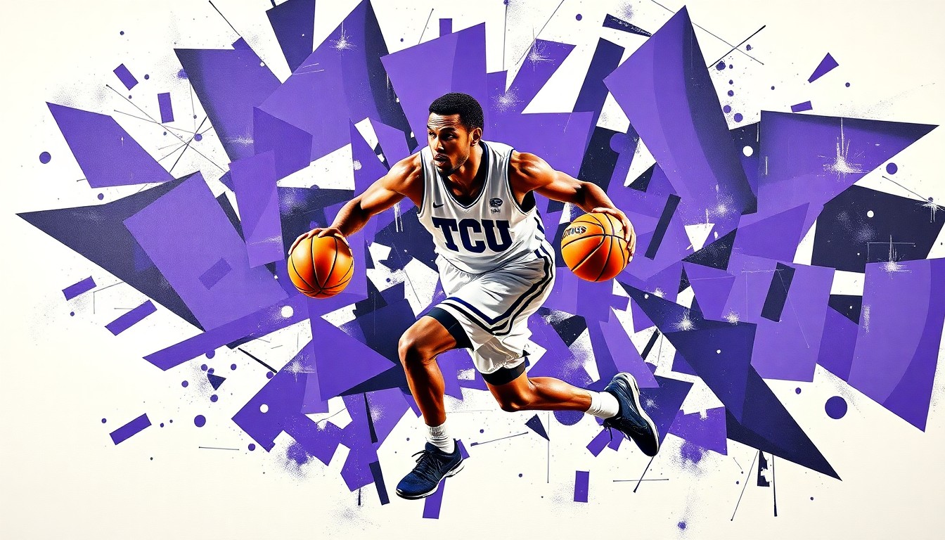 A cubist, geometric painting depicting a college basketball player in motion, broken down into sharp, overlapping planes of purple, white, and black, representing the loss of a key player for the TCU Horned Frogs.
