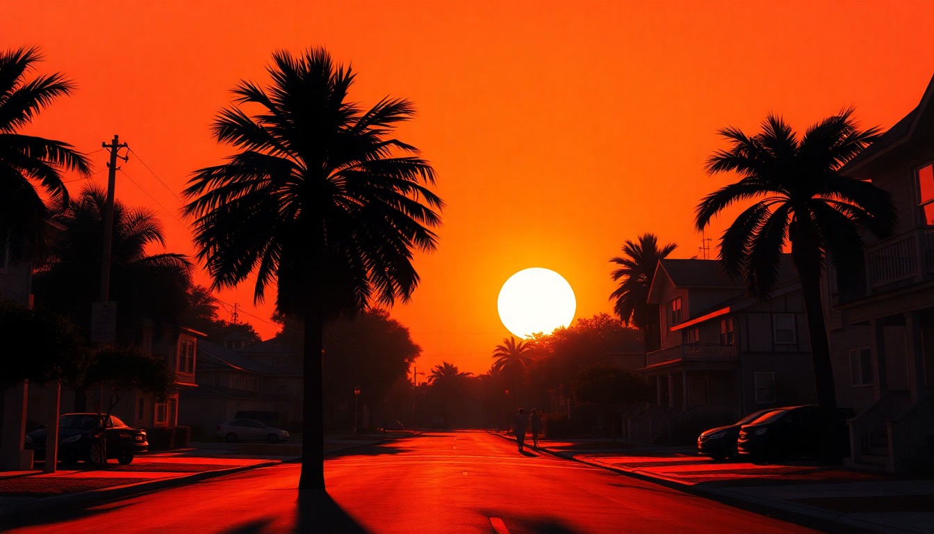 A serene, cinematic painting of a lone palm tree casting long shadows across a residential street in a coastal Florida town, bathed in warm, nostalgic sunlight.