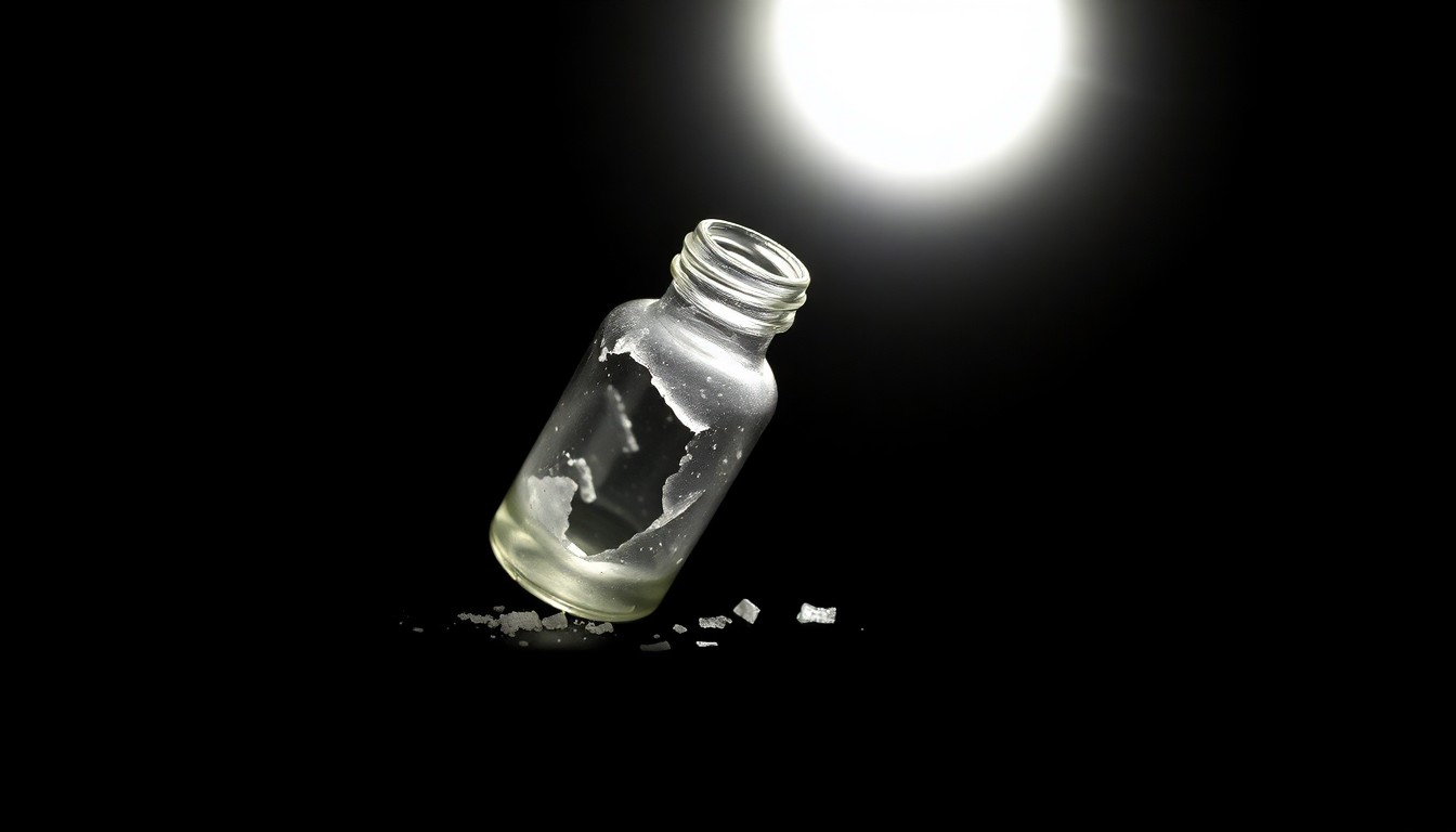 An extreme close-up of a shattered glass vial against a pitch-black background, conceptually illustrating the physical evidence of the illegal drug trade that led to the death of actor Matthew Perry.