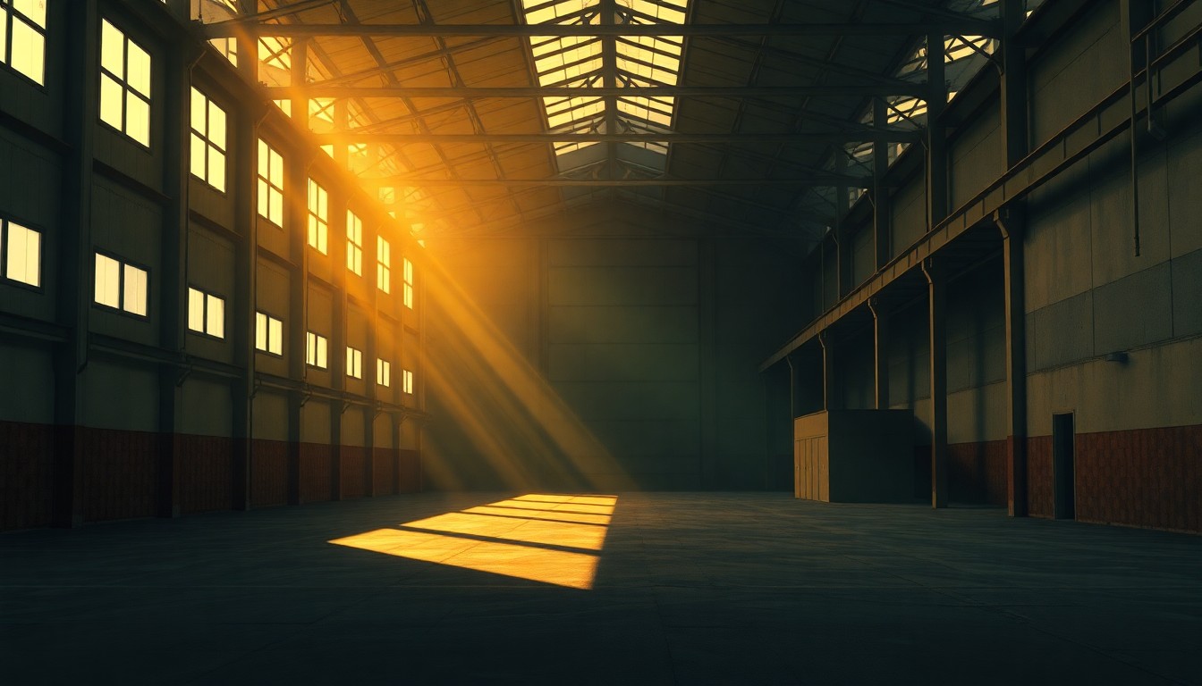 A dimly lit, cinematic painting of an empty industrial warehouse or factory building, with warm sunlight streaming through the windows and deep shadows covering the walls and ground, creating a sense of solitude and nostalgia.