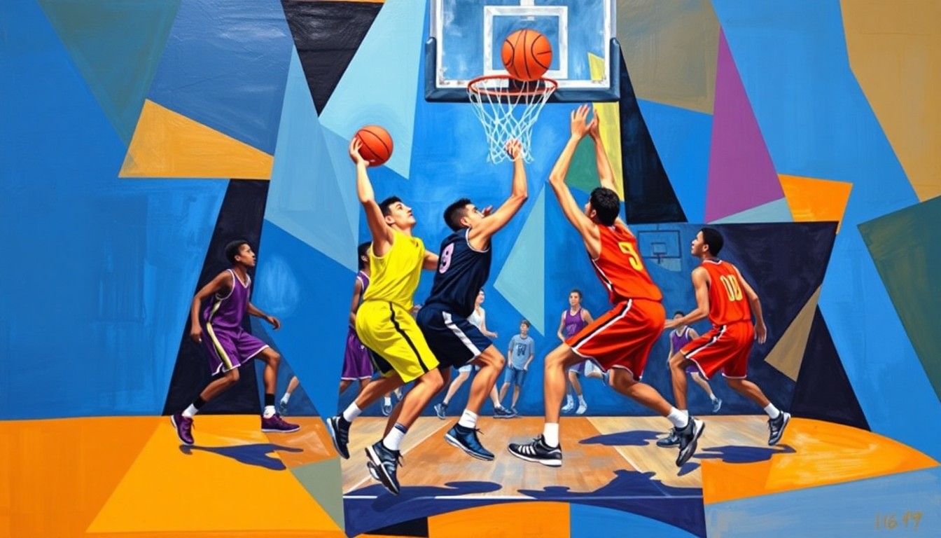 A cubist, geometric painting depicting the dynamic movements and energy of a high school basketball game, with the players' forms abstracted into sharp, overlapping shapes in a vibrant color palette.