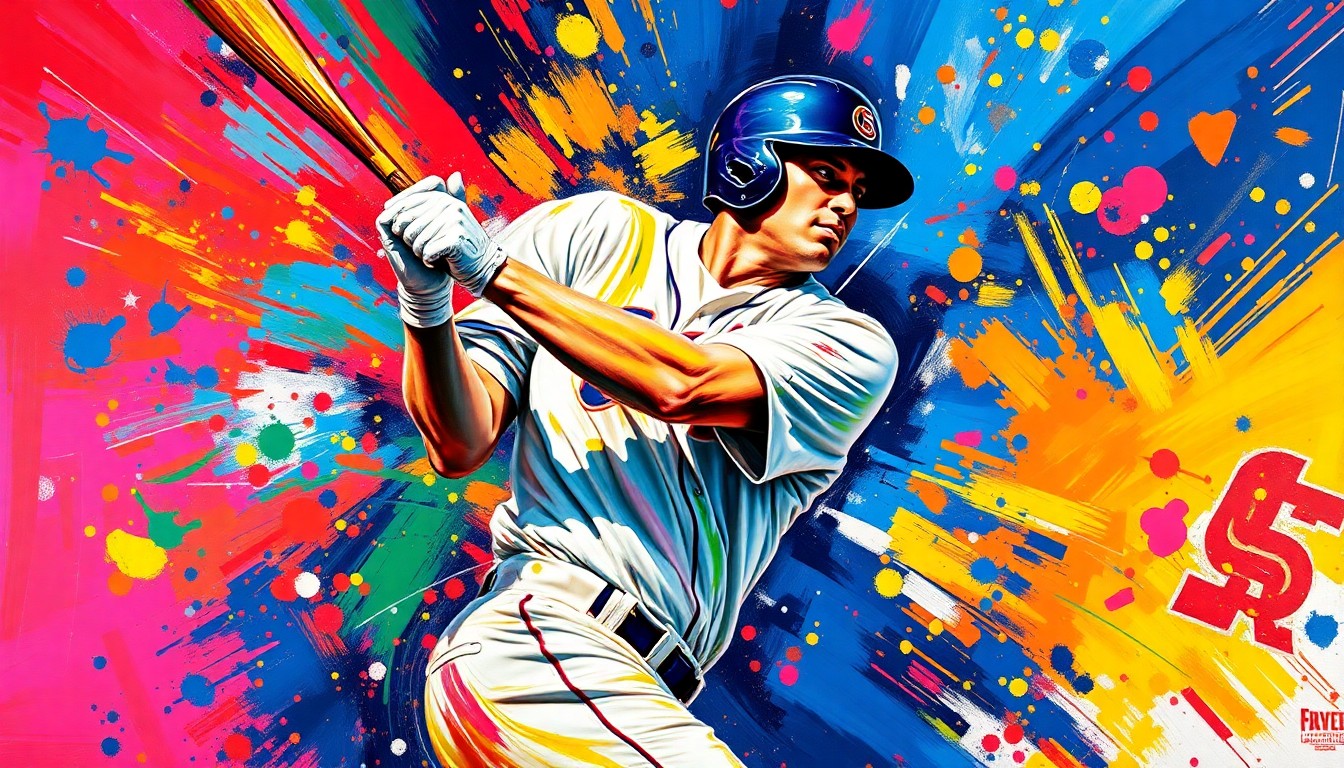 An extreme close-up of a baseball player's bat making contact with a pitch, captured in a vibrant, expressionist style with bold, sweeping brushstrokes and neon colors that convey the raw energy and movement of the sport.