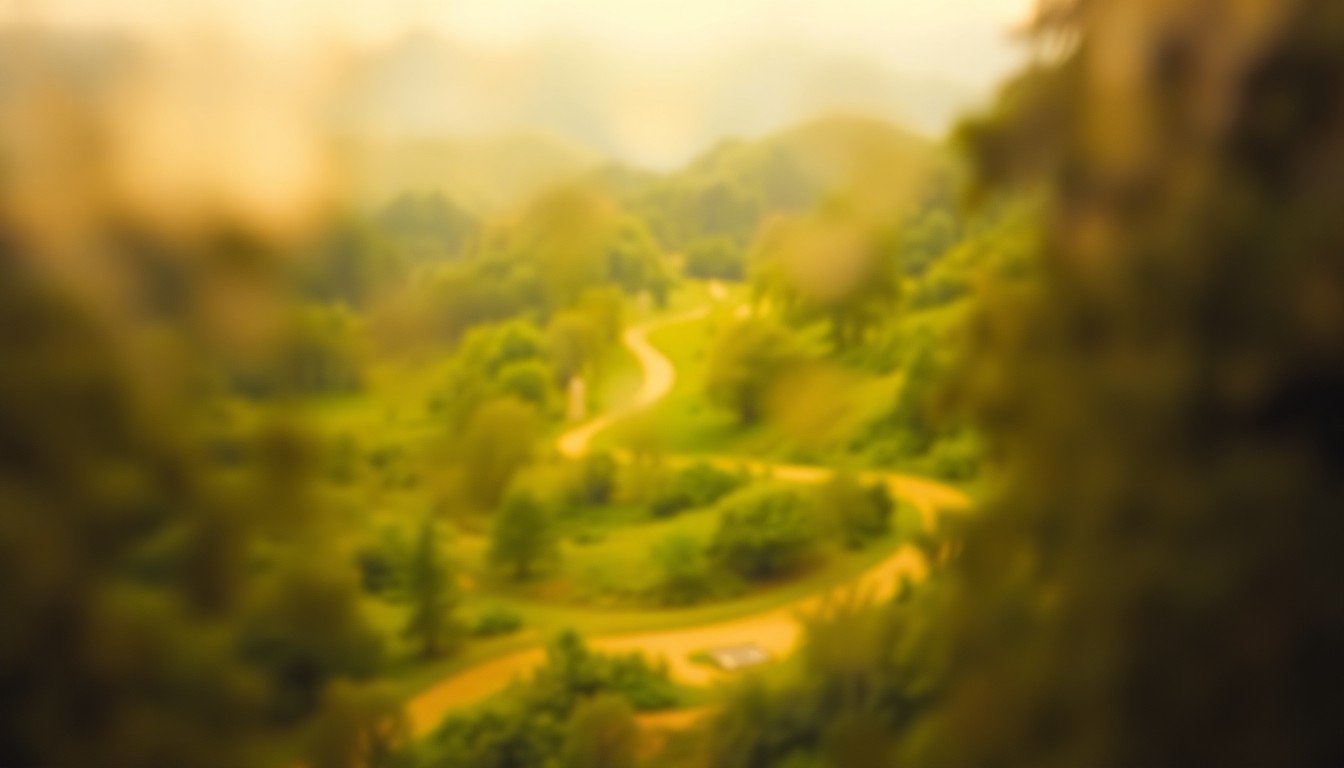 An abstract, out-of-focus scene featuring a winding trail through a lush, verdant landscape, with hints of public art installations and warm, soft pools of light and color creating an atmospheric, dreamlike quality.