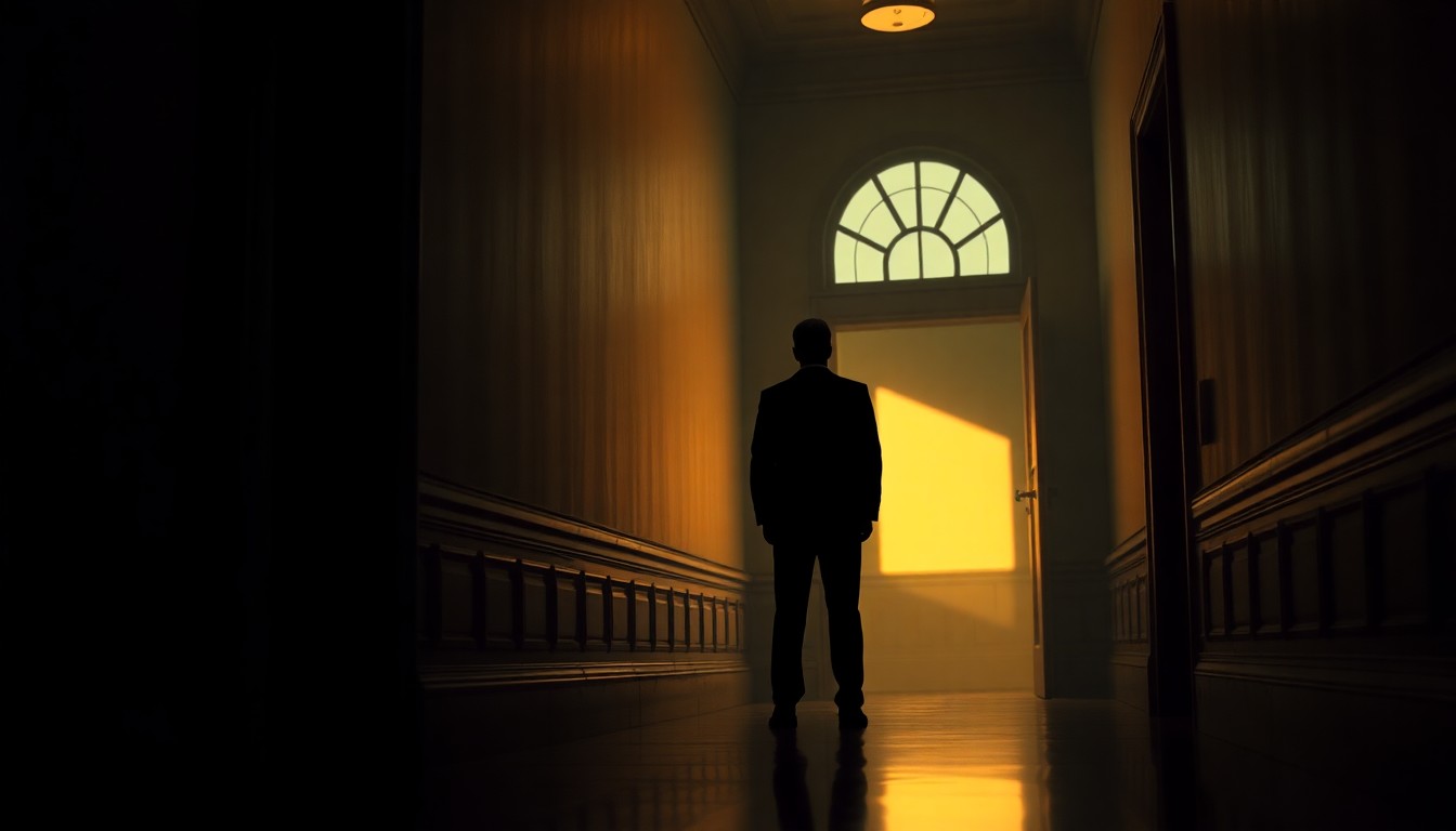 A cinematic painting of a lone figure standing in a dimly lit government building hallway, the warm light from a nearby window casting dramatic shadows across the scene, conceptually representing the solitary nature of political campaigning.