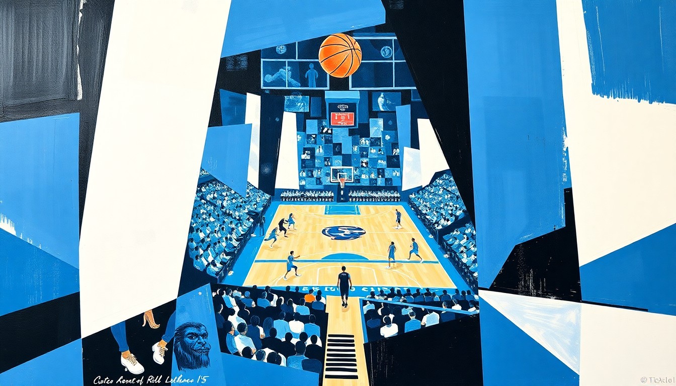A cubist, geometric painting depicting a college basketball game, with the players and court broken down into sharp, overlapping planes of vibrant Carolina blue, white, and black colors, capturing the dynamic energy of the sport.