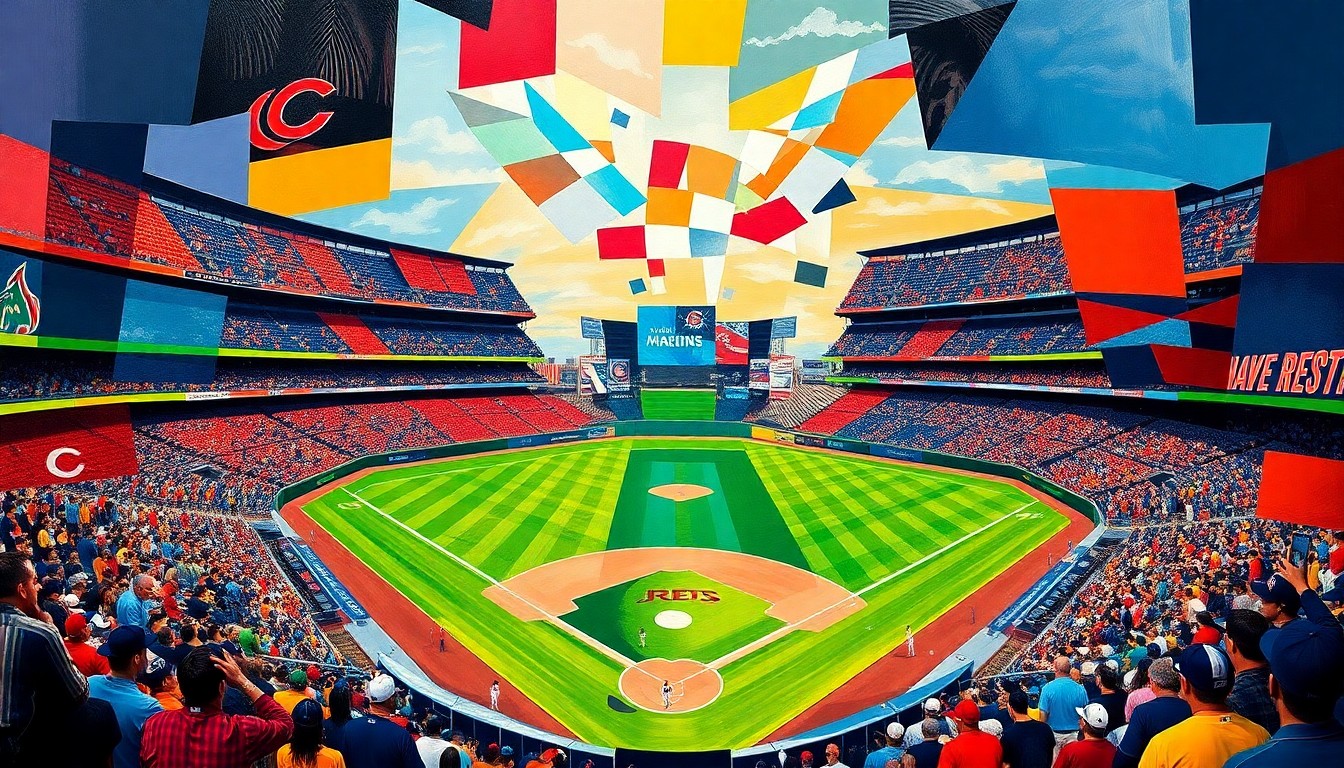 A fragmented, geometric painting depicting a baseball game between two teams, with the players and field broken down into sharp, overlapping shapes and planes of color.