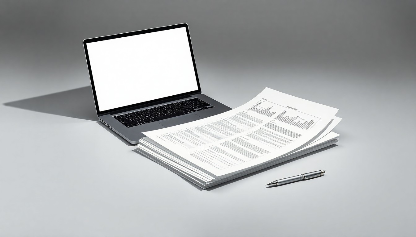 A high-end, photorealistic studio still-life photograph featuring a stack of financial reports, a laptop, and a pen arranged elegantly on a clean, monochromatic background, conceptually representing the abstract corporate strategy and market analysis behind the comparison of these two technology services companies.