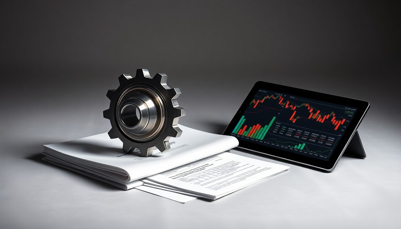 A photorealistic studio still life featuring a polished metal gear, financial documents, and a tablet displaying stock charts, all arranged elegantly on a clean, monochromatic background to symbolize the abstract concepts of corporate strategy, finance, and market analysis.