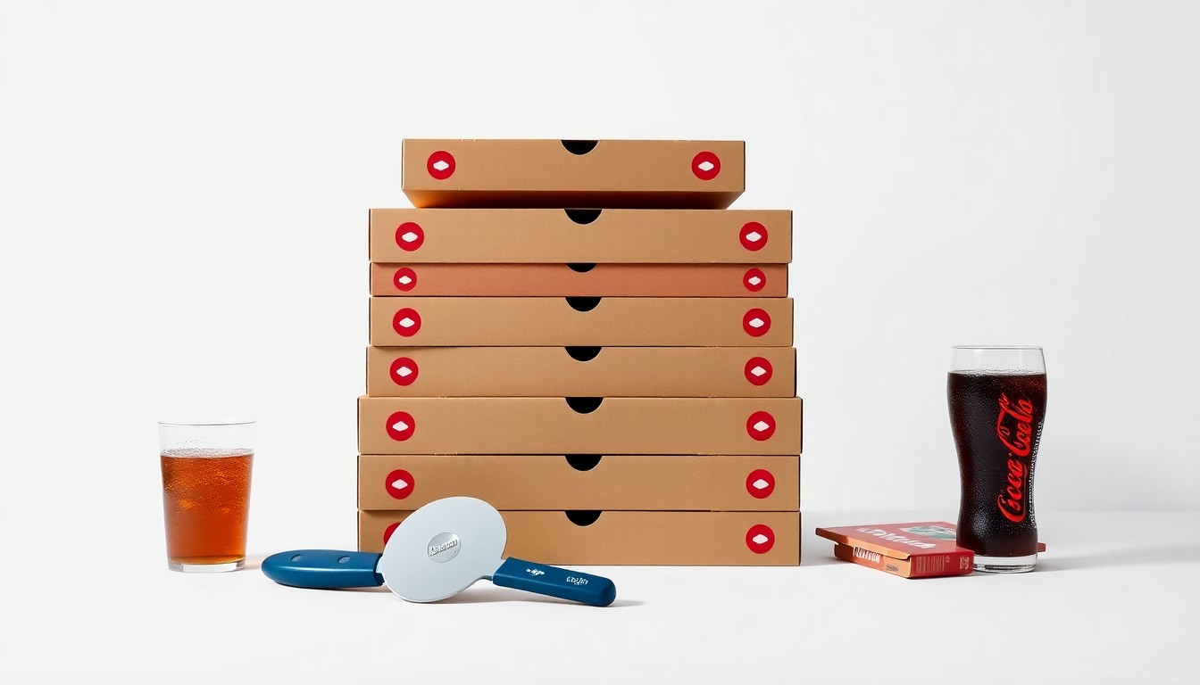 A high-end, photorealistic studio still-life featuring a stack of pizza boxes, a pizza cutter, and a glass of soda on a clean, monochromatic background, conceptually representing the core business of Domino's Pizza.