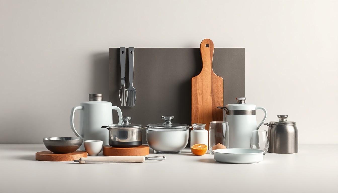 A photorealistic studio still life featuring a collection of sleek, geometric kitchenware products arranged elegantly on a clean, monochromatic background, conveying the abstract corporate strategy and competitive dynamics of the housewares industry through the use of dramatic lighting and shadows.