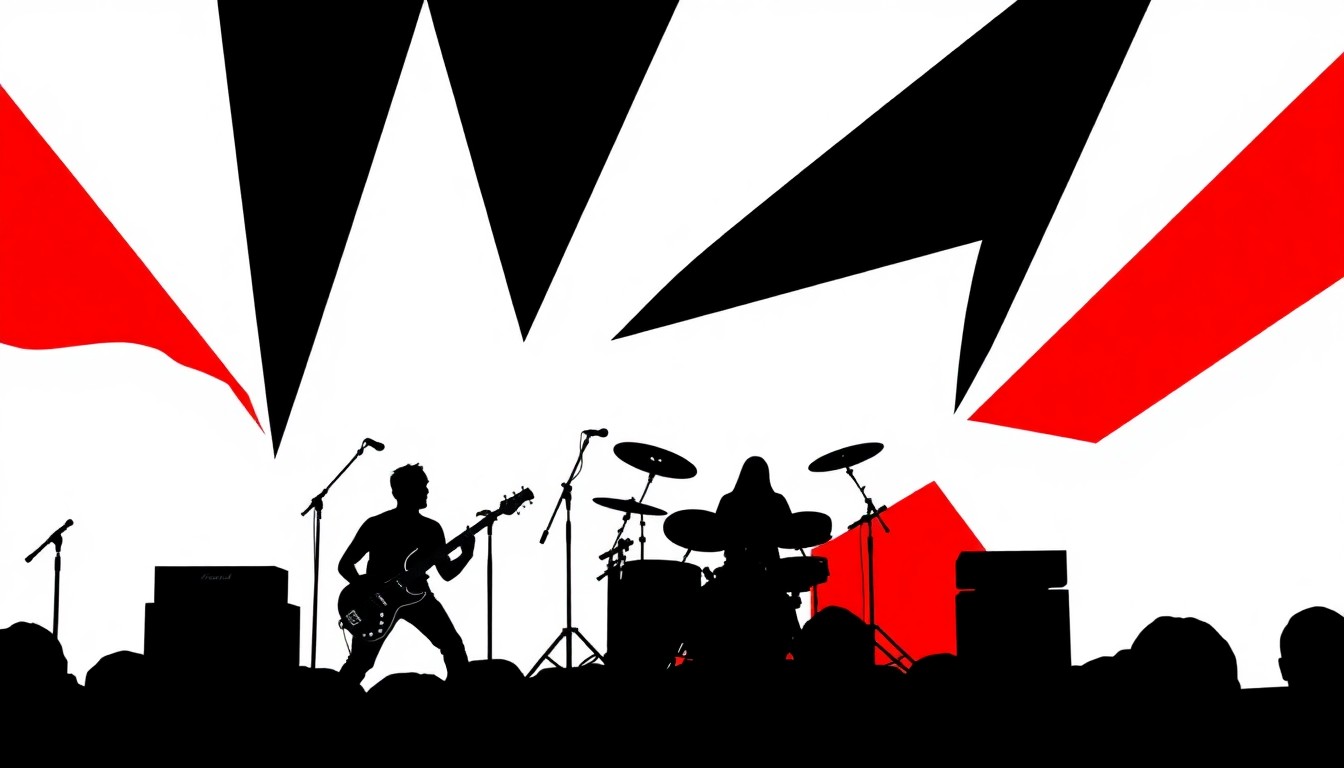 A minimalist, abstract illustration featuring bold, jagged shapes and silhouettes in high-contrast colors, conceptually representing the energy and excitement of a rock concert performance.