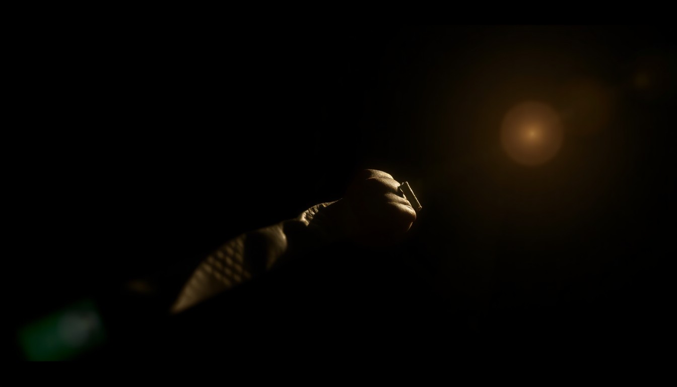 An extreme close-up photograph of a single piece of police evidence related to the Gilgo Beach serial killer case, such as a discarded item or a fragment of evidence, lit by a harsh, direct camera flash against a pitch-black background, conceptually illustrating the grim details of this long-unsolved murder investigation.