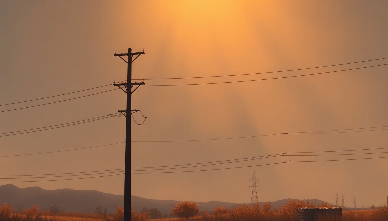 A serene, painterly image of a lone power line pole or electrical substation standing tall against a backdrop of warm, golden light and deep shadows, conveying a sense of the political and economic tensions surrounding energy policy in California.