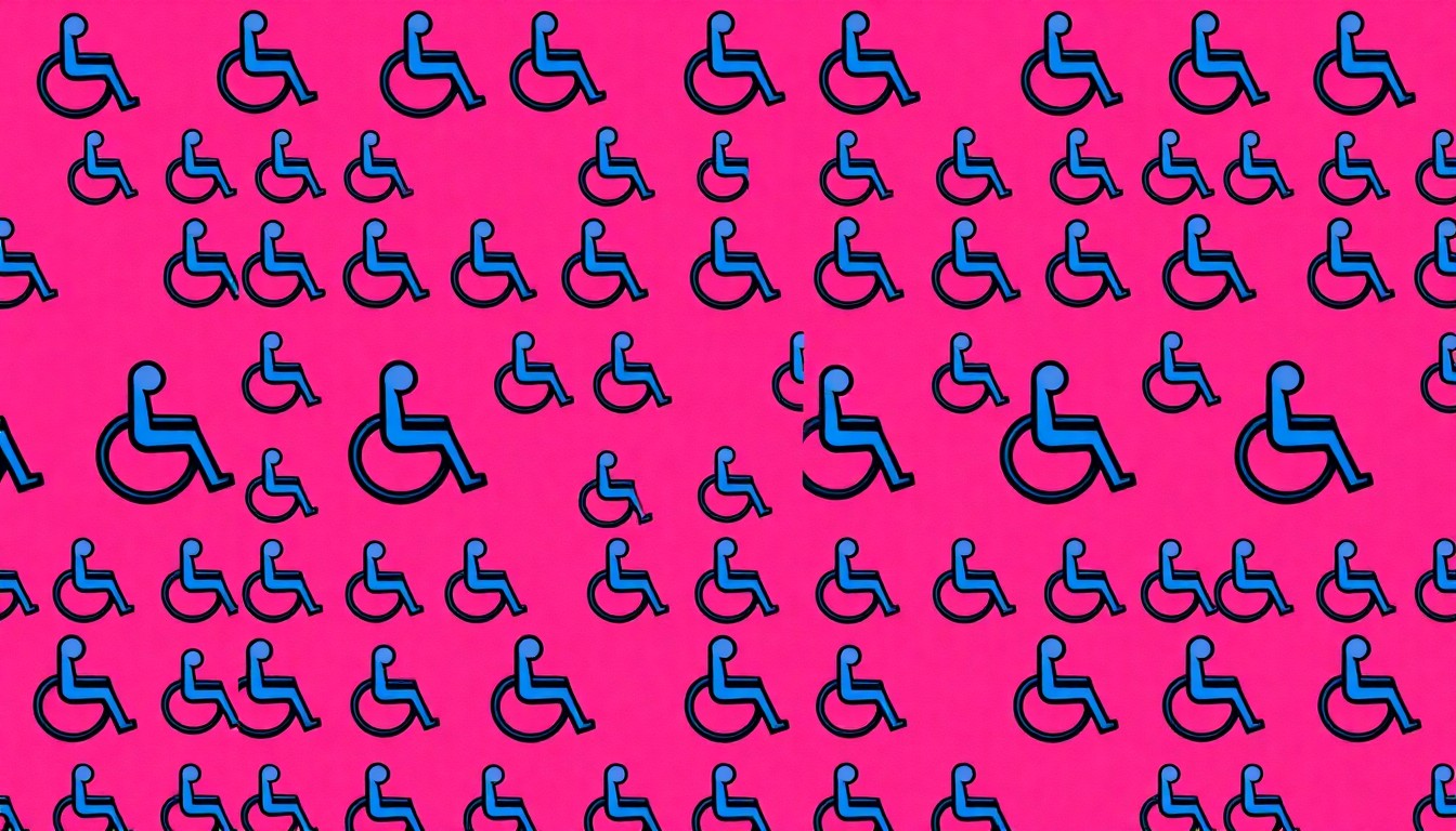 A bold, colorful silkscreen-style illustration featuring a wheelchair icon repeated in a grid pattern, conveying the accessibility and inclusivity of Long Island's parks and trails.