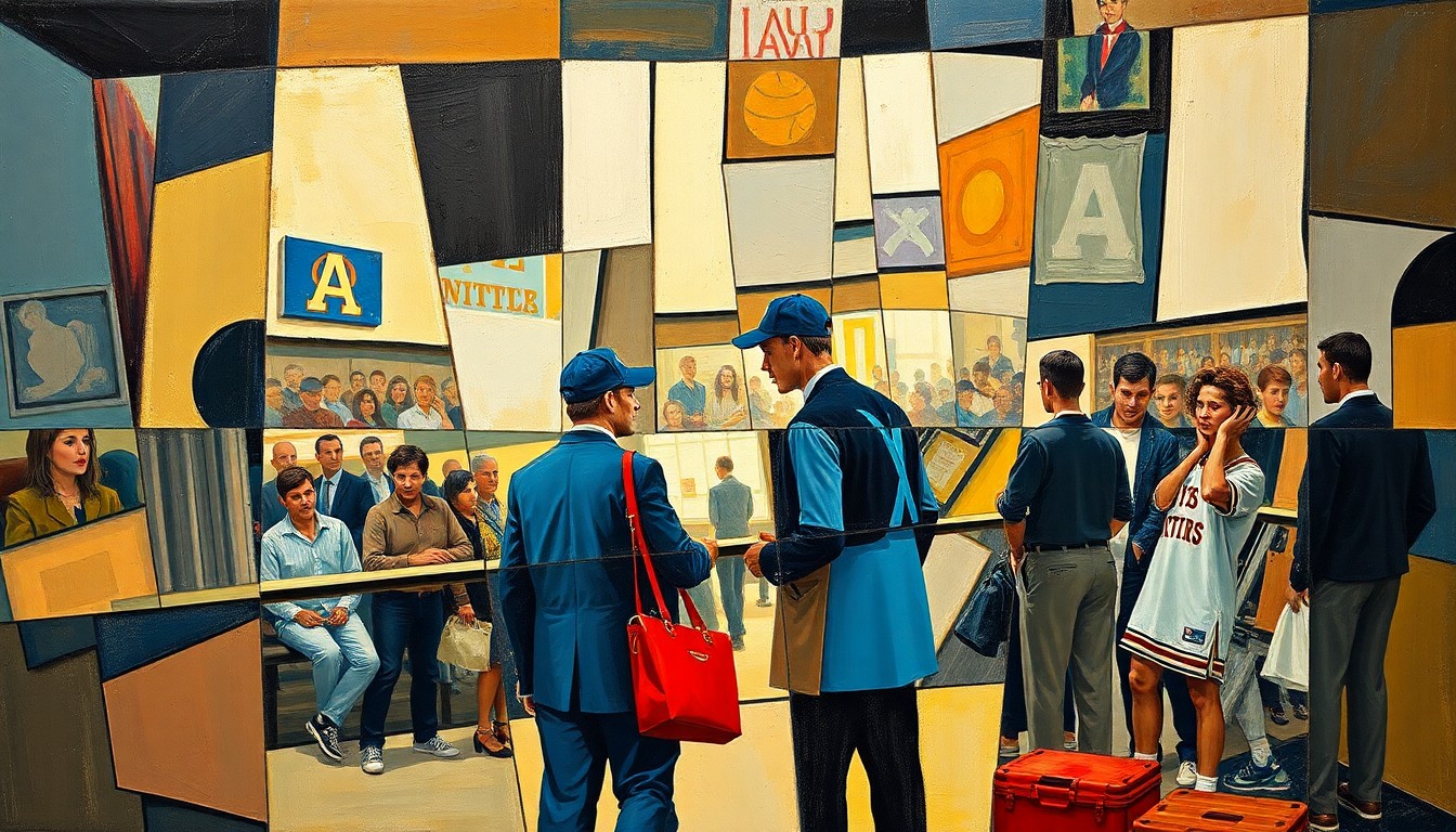 A cubist-style painting depicting two obscured figures in a public setting, with sharp, overlapping geometric shapes and planes that break down the scene into an abstract, fragmented composition.