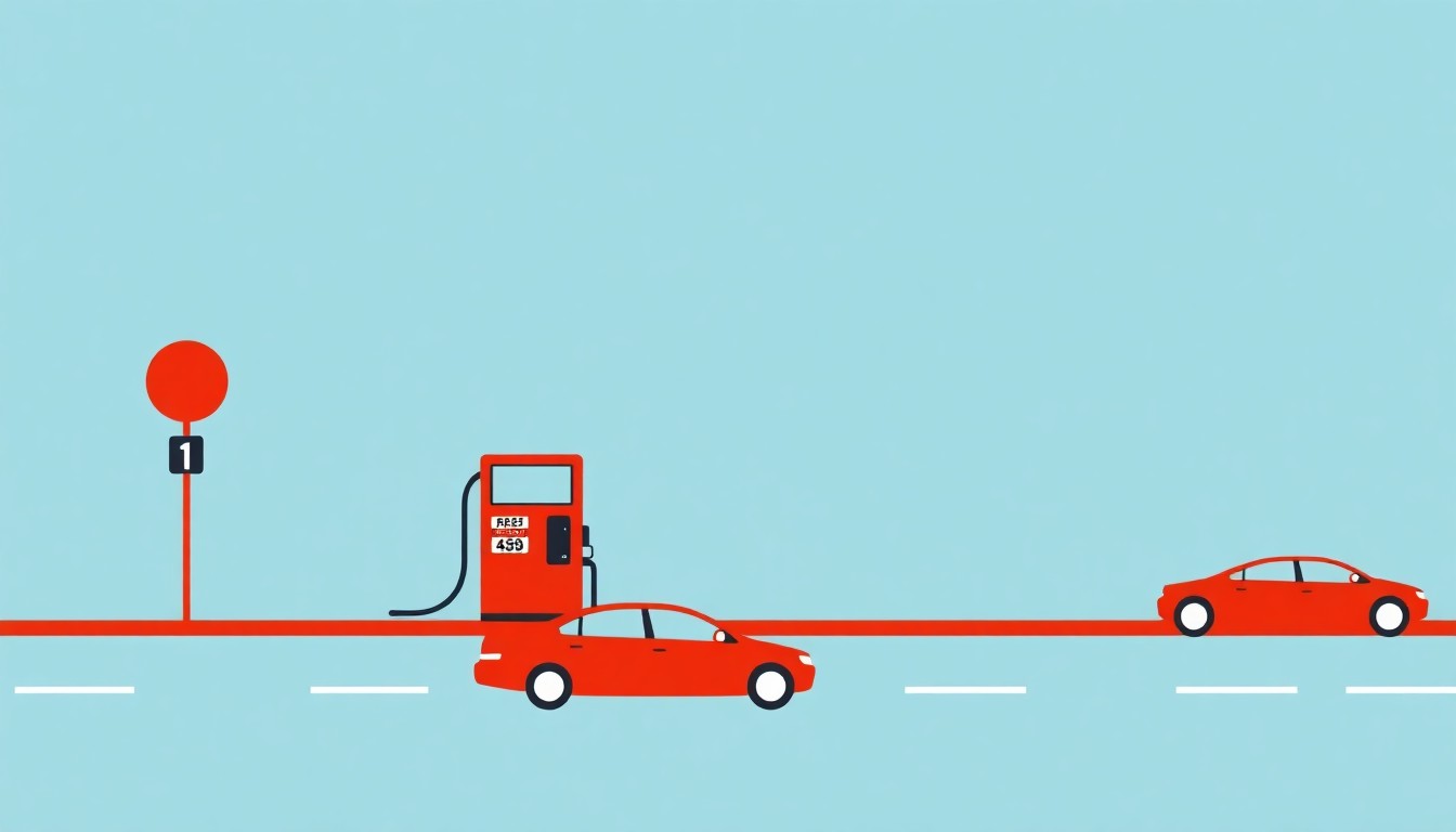 A minimalist illustration using bold geometric shapes and primary colors to conceptually represent the impact of rising gas prices on Bay Area super commuters, without any text or identifiable elements.