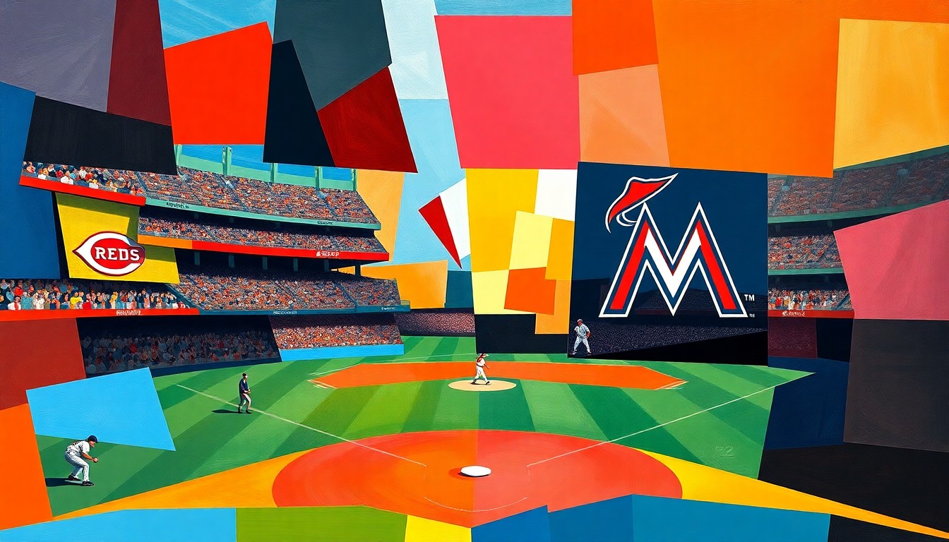 A fragmented, geometric painting in bold colors representing a baseball game, with overlapping planes and shapes conveying the dynamic action and shifting fortunes of the matchup.