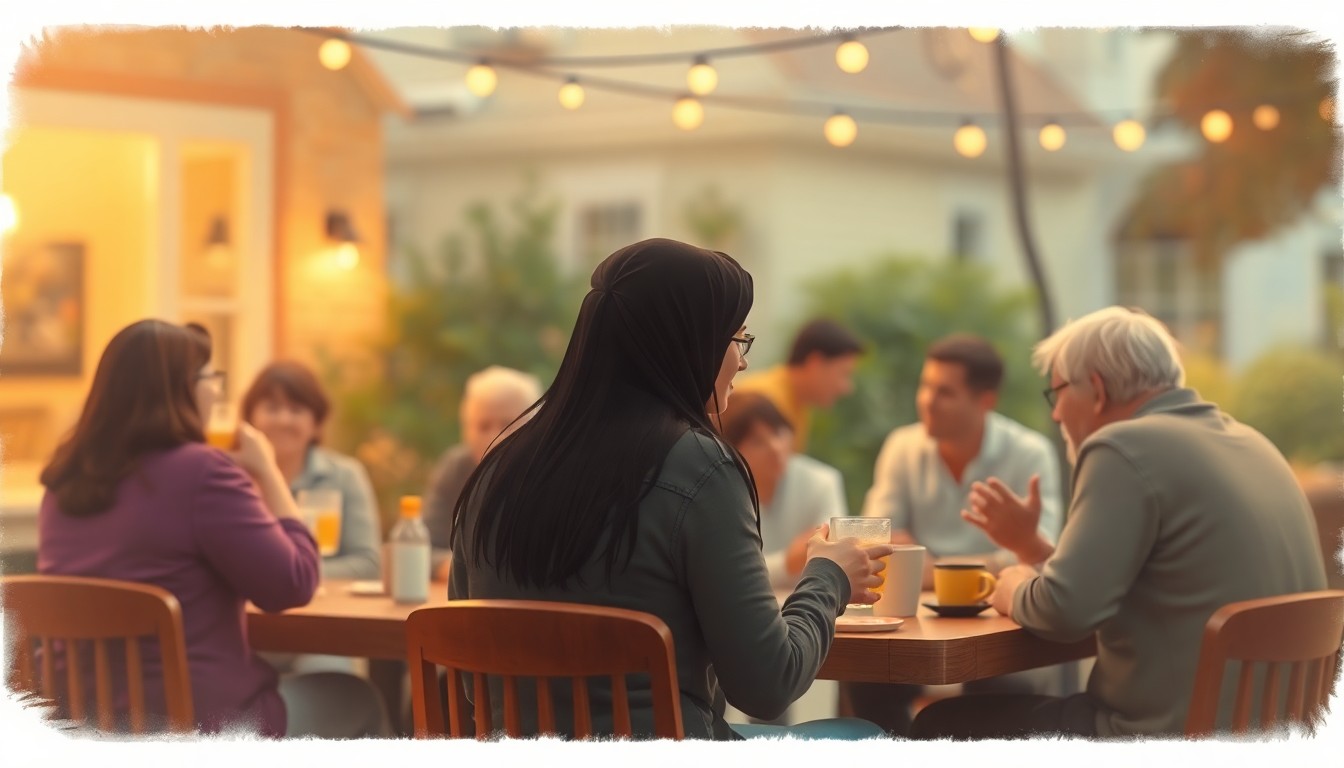 A blurred, impressionistic photograph in soft, warm tones depicting a cozy, intimate scene of a small group of people gathered together, conceptually representing the community-focused nature of the Dillon County News.