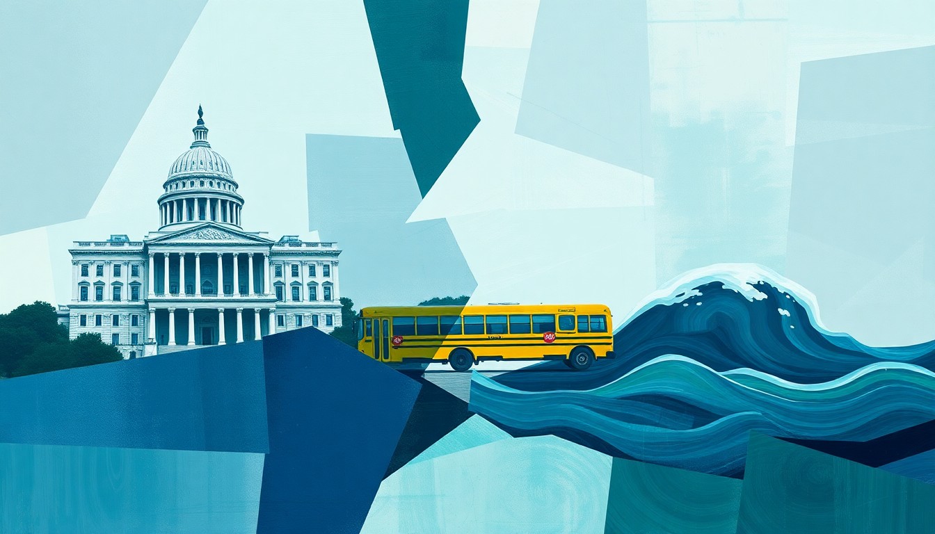 An abstract, fractured painting in shades of blue, green, and gray, depicting overlapping geometric shapes representing government buildings, school buses, and water waves, conveying the interconnected challenges of financial accountability, public safety, and infrastructure needs.