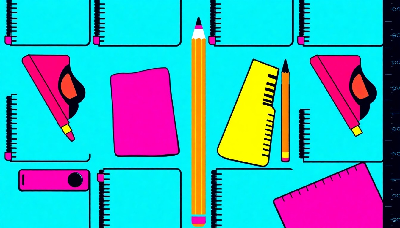 A high-contrast, silkscreen-style illustration of a school supply item, such as a pencil or ruler, repeated in a grid pattern with vibrant, neon-like colors, conceptually representing the tension and uncertainty surrounding the LAUSD labor negotiations.