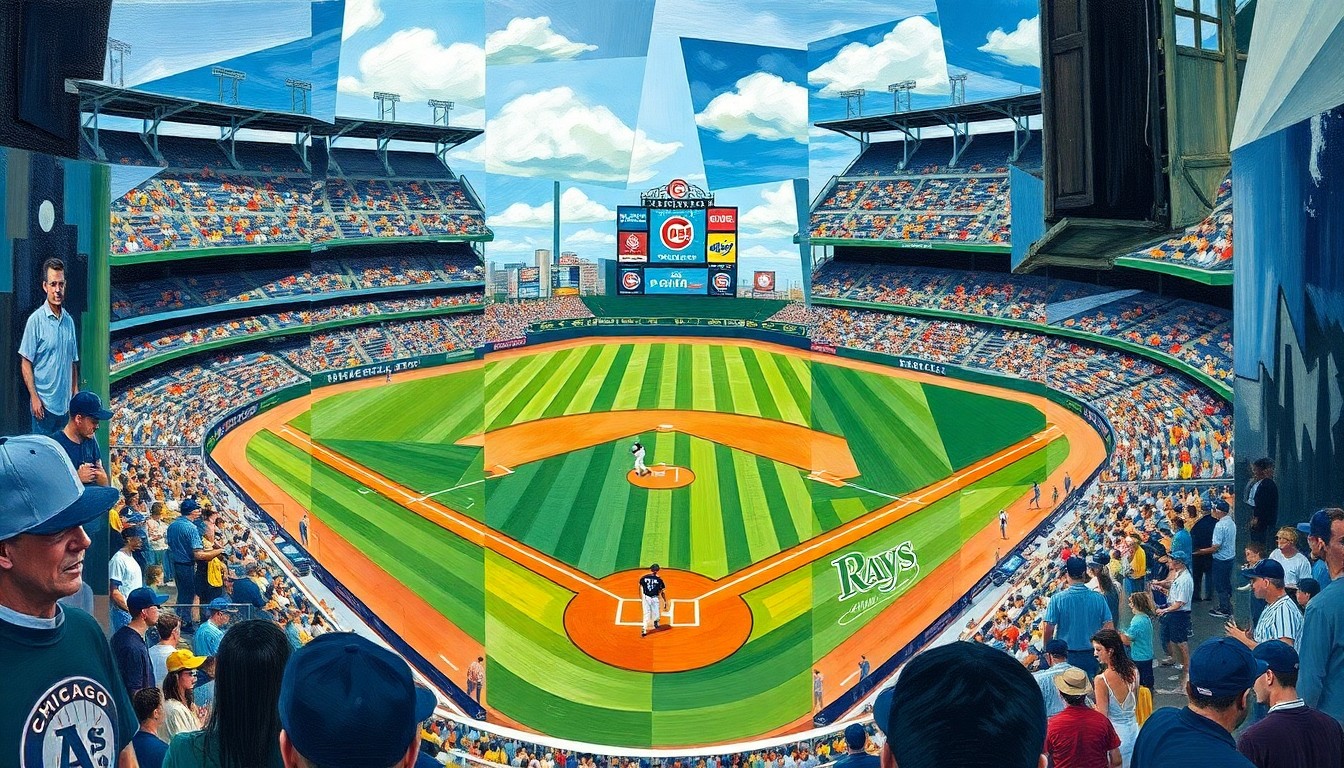 A fractured, cubist-style painting depicting a baseball game, with overlapping geometric shapes and planes representing the players, field, and action of the game.