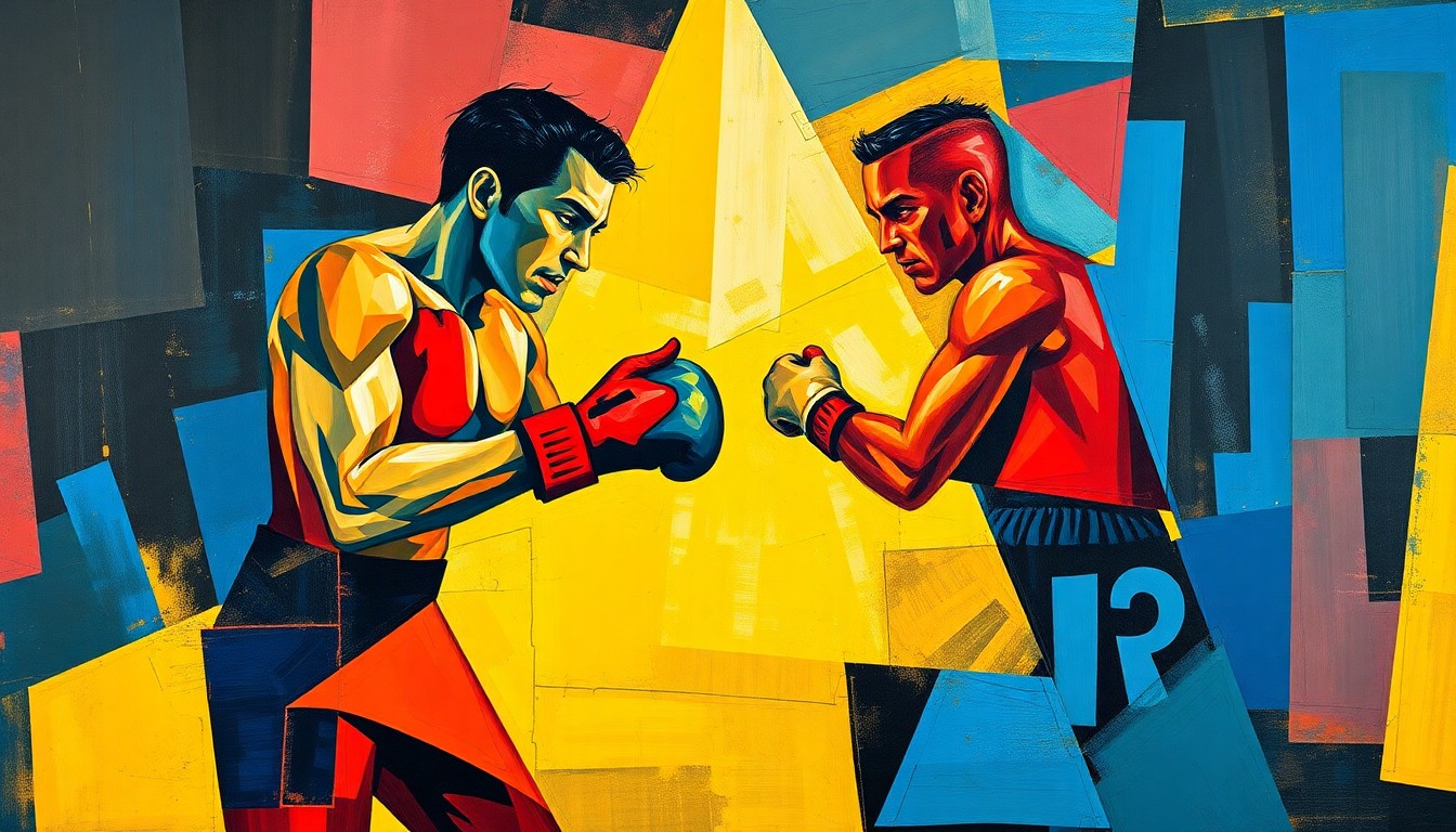 A cubist, geometric painting depicting the dynamic movement and energy of a boxing match, with sharp, overlapping shapes and planes in a vibrant color palette.