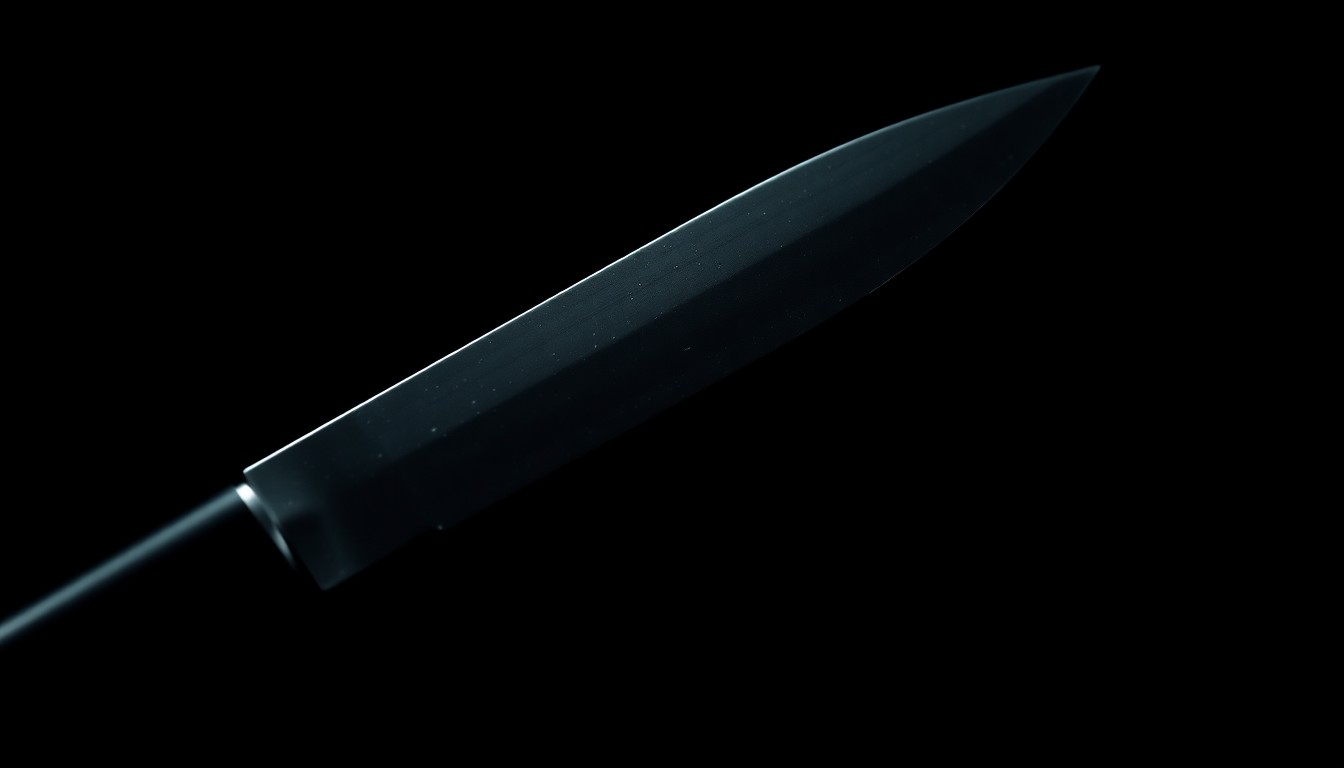 An extreme close-up photograph of a military-style knife against a pitch-black background, lit by a harsh, direct camera flash, conceptually representing the weapon used by the cadets to subdue the gunman during the attack.