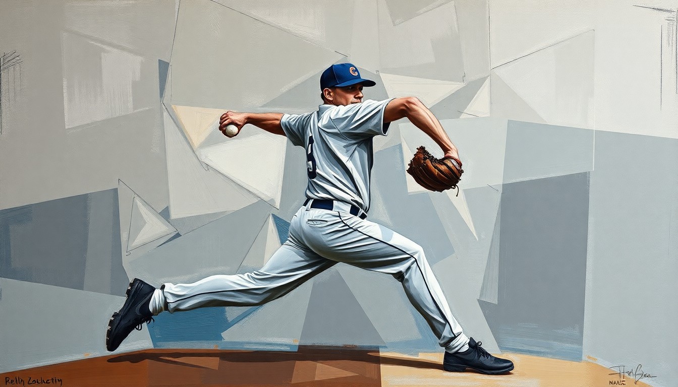 A cubist, geometric painting depicting the fragmented motion of a baseball pitcher, rendered in muted tones that convey a sense of disappointment and uncertainty.