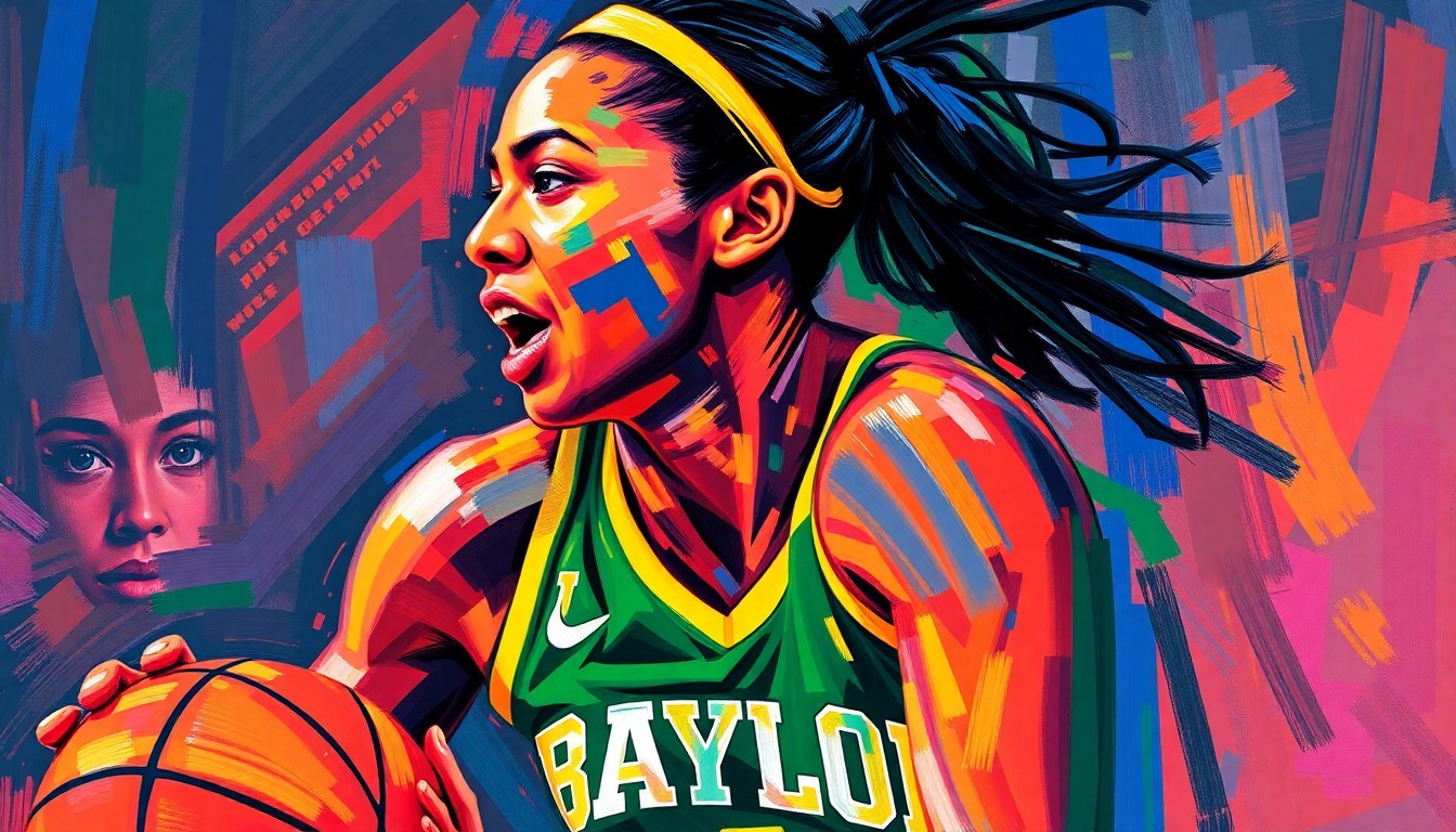 An abstract, expressionist painting in neon colors, with rapid brushstrokes capturing the dynamic movement and intensity of a basketball game, representing the spirit and impact of Melissa Jones' career.