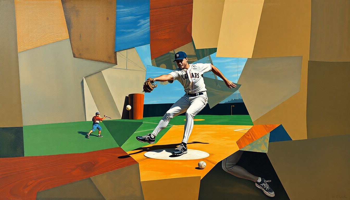 A cubist, geometric painting depicting a baseball shortstop fielding a ground ball, with the player's body and the ball broken down into sharp, overlapping planes of color.