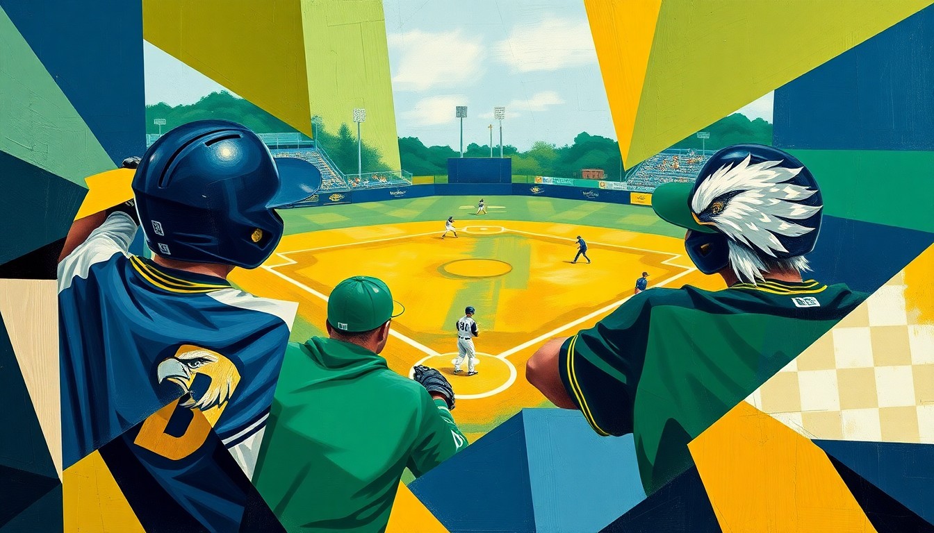 A cubist, geometric painting depicting a softball game in motion, with sharp, overlapping planes of navy blue, forest green, and gold representing the competing teams.