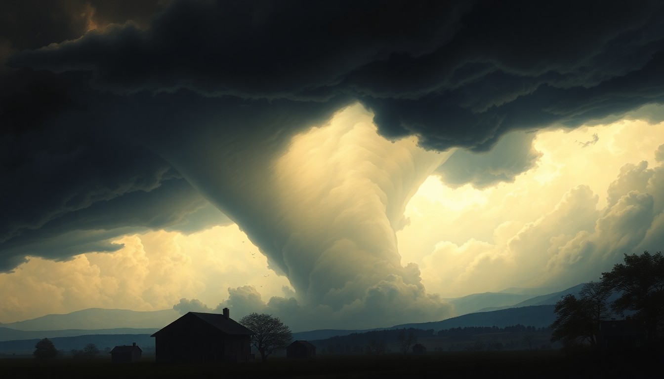 A vast, atmospheric landscape painting depicting the silhouettes of buildings or trees dwarfed by the looming presence of dark, ominous storm clouds, conveying the overwhelming scale and power of an impending tornado.