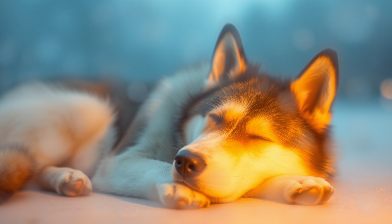 An abstract, impressionistic photograph showing the blurred outline of a resting husky dog in a warm, hazy setting, conveying a sense of peace and recovery.