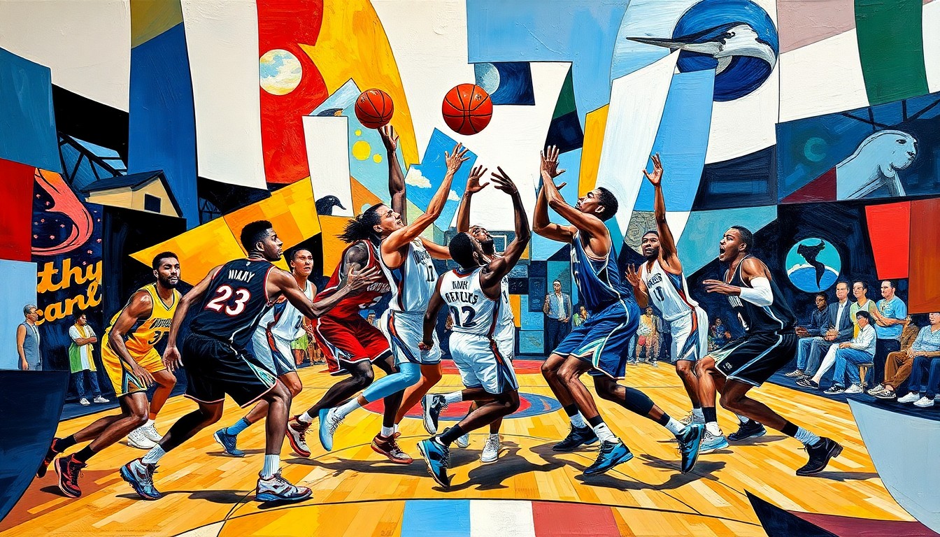 A cubist, geometric painting depicting a basketball game, with the players' forms broken down into sharp, overlapping shapes in the colors of the Magic and Timberwolves uniforms.
