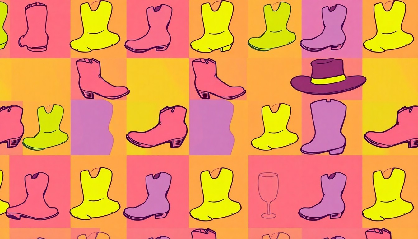 A high-contrast silkscreen print of a single, iconic Montana lifestyle object like a cowboy boot or whiskey glass, repeated in a tight grid pattern with a bold, neon color palette, capturing the rugged individualism and frontier culture of the state in a modern pop art style.